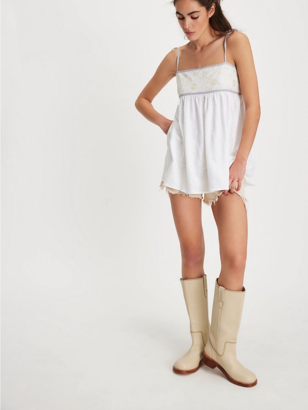 Free People White Tank Top with Pale Yellow and Light Gray Accents